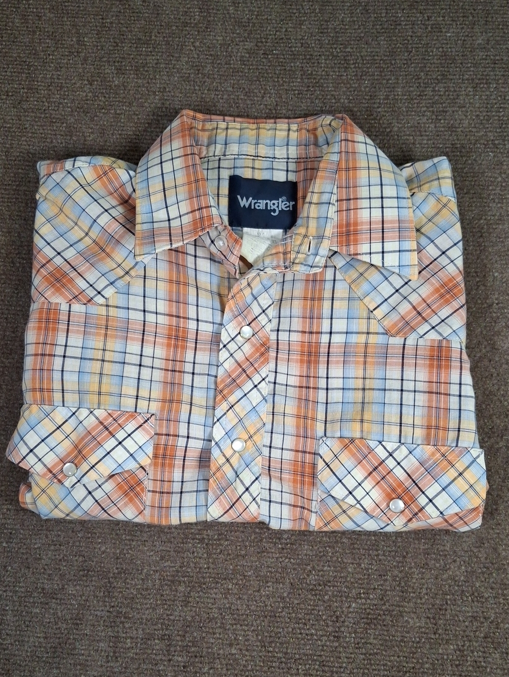Vintage Wrangler Pearl Snap Short Sleeve Western Shirt Orange Blue Size 15.5